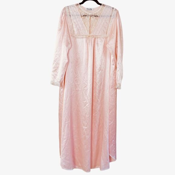 Christian Dior Vintage 80s Pale Pink Satin Lace Embroidered Nightgown Sz XL - Picture 2 of 16
